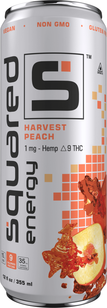 12 ounce sleek aluminum can of Harvest Peach by Squared Energy