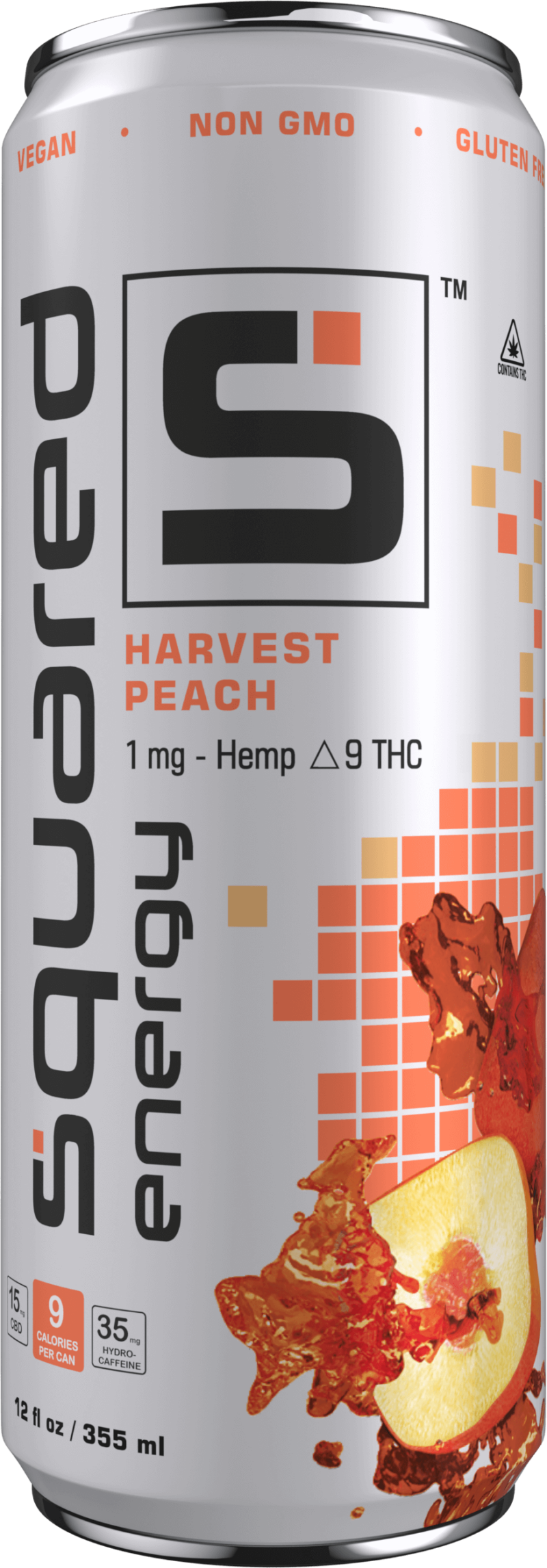 12 ounce sleek aluminum can of Harvest Peach by Squared Energy