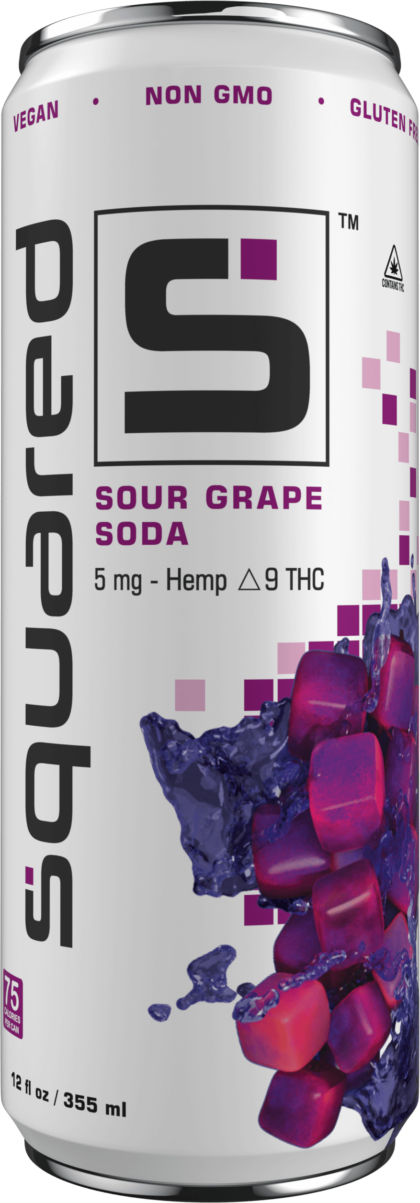 12 ounce sleek aluminum can of Sour Grape Soda by Squared